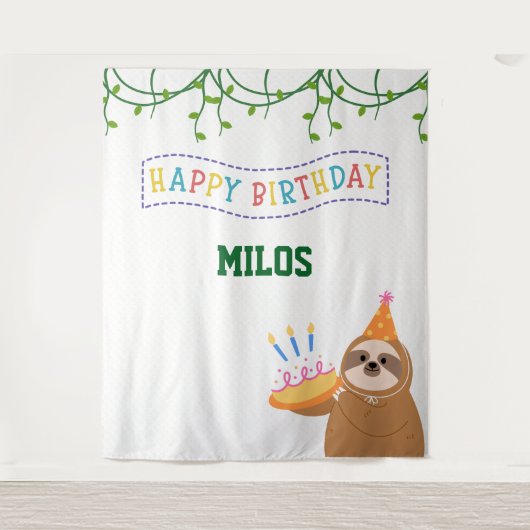 Sloth Birthday Backdrop Personalized Tapestry タペストリー (正面)