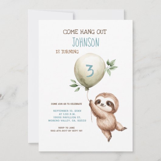 Sloth Birthday Come Hang Out 1st Birthday 招待状 (正面)