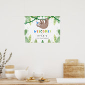 Sloth Birthday Party in Blue & White Welcome Sign ポスター (キッチン)