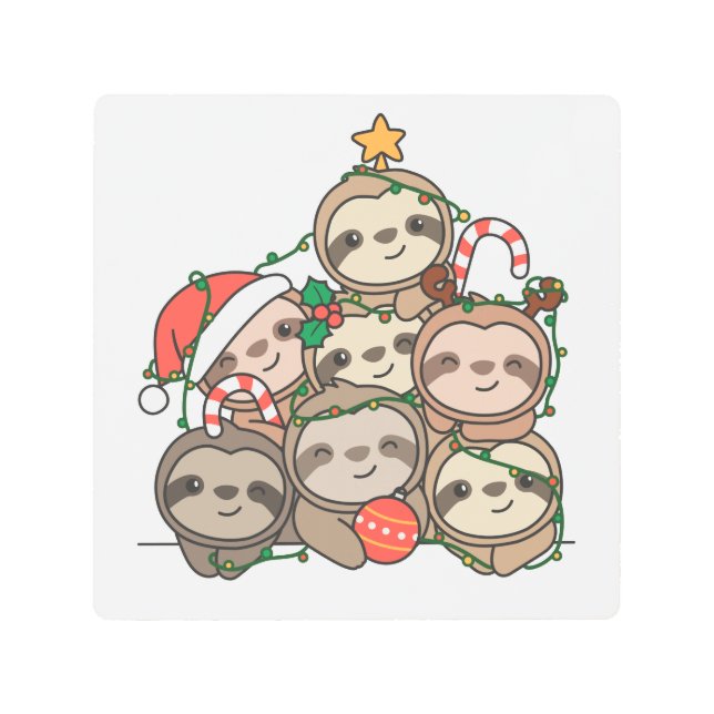 Sloth Christmas Tree Funny Animal Christmas Metal  メタルプリント (正面)