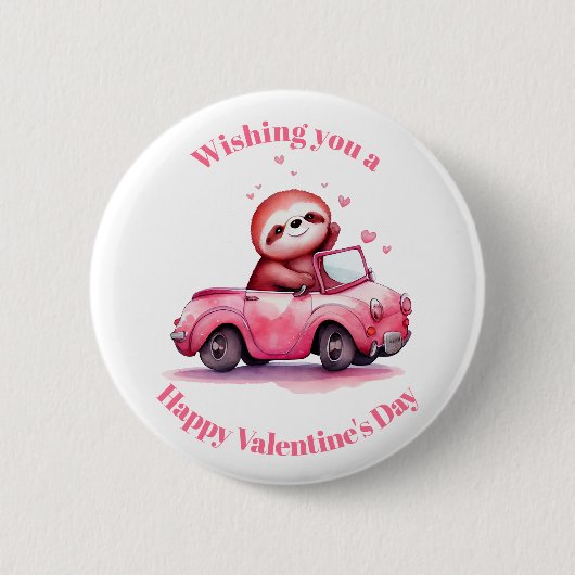 Sloth Driving a Pink Convertible Valentine's Day 缶バッジ (正面)