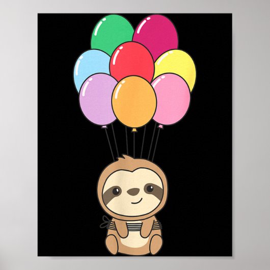 Sloth Flies Up With Colorful Balloons Kawaii Sloth ポスター (正面)