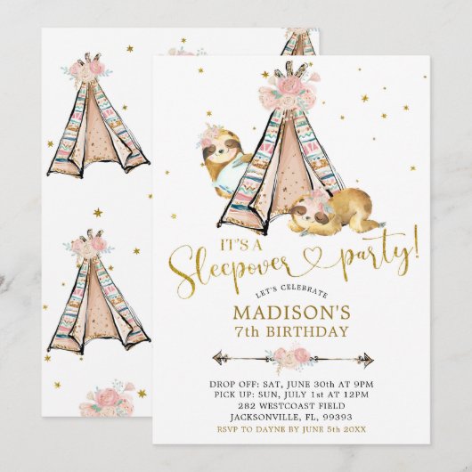 Sloth Girl Teepee Floral Sleepover Party Invite 招待状 (正面/裏面)