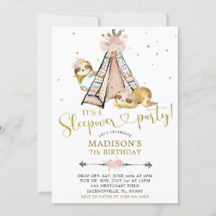 Sloth Girl Teepee Floral Sleepover Party Invite 招待状