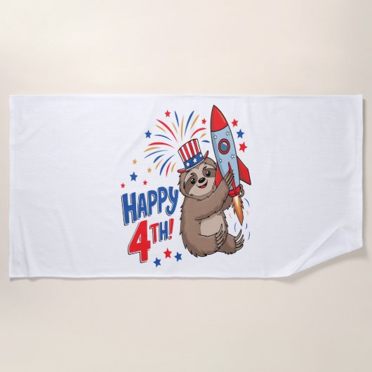 Sloth Happy 4th Rocket Fireworks USA ビーチタオル (正面)