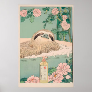 Sloth in Bathtub Ukiyo-e Print Japandi Bathroom ポスター
