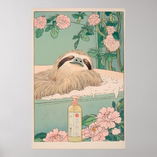 Sloth in Bathtub Ukiyo-e Print Japandi Bathroom ポスター (正面)