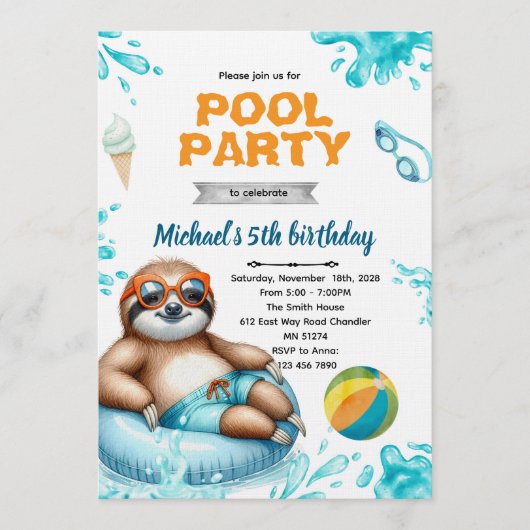 Sloth Pool Party Birthday Invite 招待状 (正面)