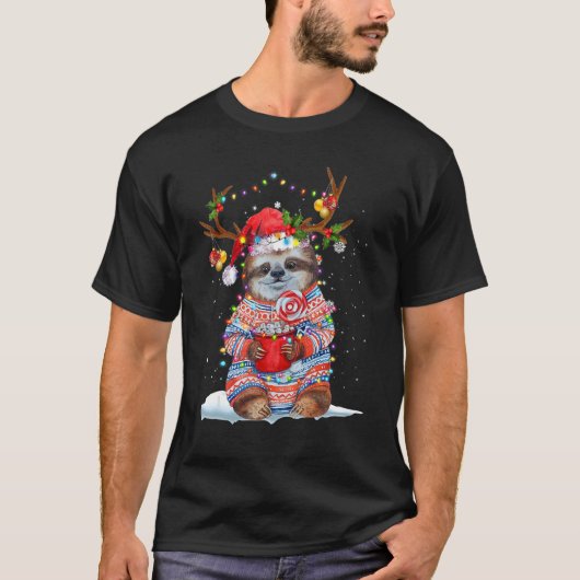 Sloth Reindeer Santa Hat Xmas Lights Christmas Xma Tシャツ (正面)