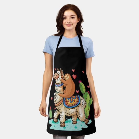 Sloth Riding Llama Funny Valentines Day エプロン (着用した状態)
