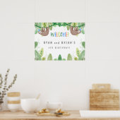 Sloth Twin Birthday Party in Blue Welcome Sign ポスター (キッチン)