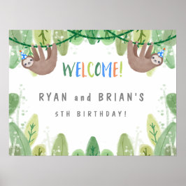 Sloth Twin Birthday Party in Blue Welcome Sign ポスター
