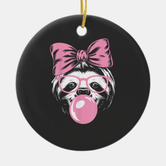 Sloth Wearing Glasses and Blowing Pink Bubble Gum  セラミックオーナメント (正面)