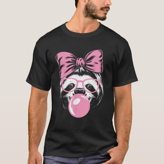 Sloth Wearing Glasses and Blowing Pink Bubble Gum  Tシャツ (正面)
