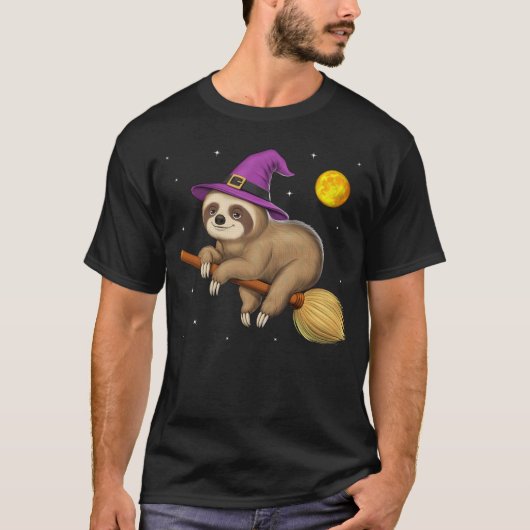 Sloth Witch Riding Broom Tシャツ (正面)