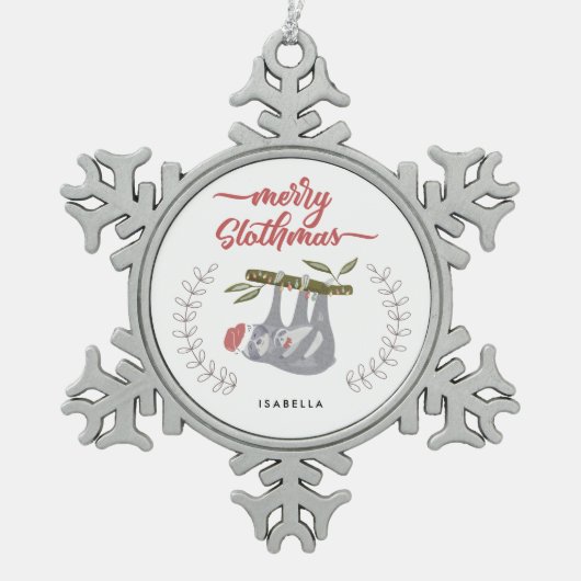 Slothmasのメリーなかわいくパーソナライズでぶら下がったな怠惰 スノーフレークピューターオーナメント (正面)