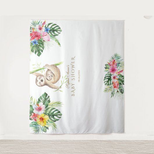 SlothTropicalフローラ赤ちゃんシャワー写真ブースプロップ タペストリー (正面)