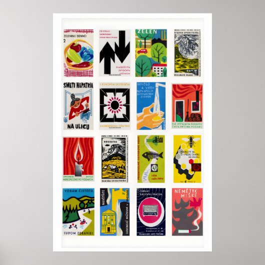 Slovak Matchbox Label Grid Print, Vintage Ephemera ポスター (正面)