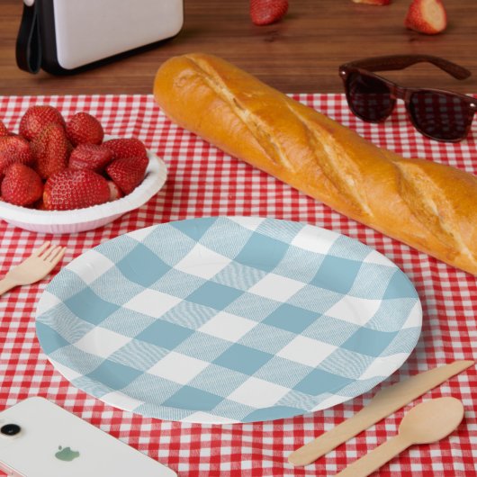 Slow-Living Ice Blue Check ペーパープレート (ピクニック)