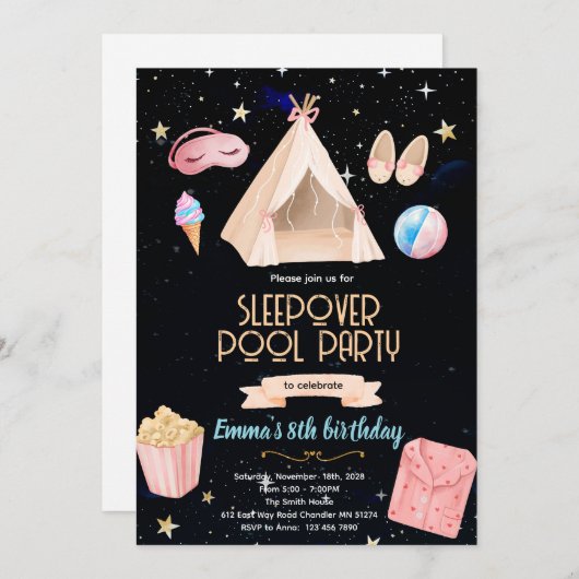 Slumber Pool birthday Party Invitation 招待状 (正面/裏面)