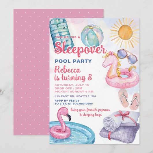 Slumber Pool Party Pink Girl Tween Teen Birthday  招待状 (正面/裏面)