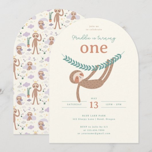 Slumberkins Sloth Birthday Party 招待状 (正面/裏面)