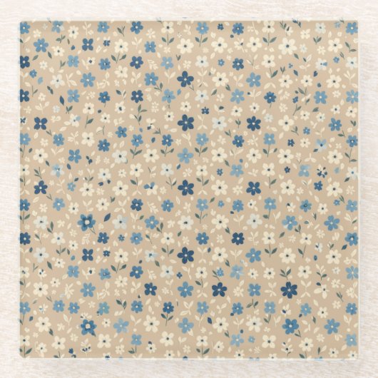Small blue and white floral pattern ガラスコースター (正面)