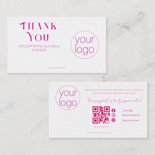 Small Business Logo Thank You QR Card Blush Pink 名刺 (正面/裏面)