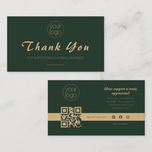 Small Business Logo Thank You QR Card Olive Gold 名刺 (正面/裏面)