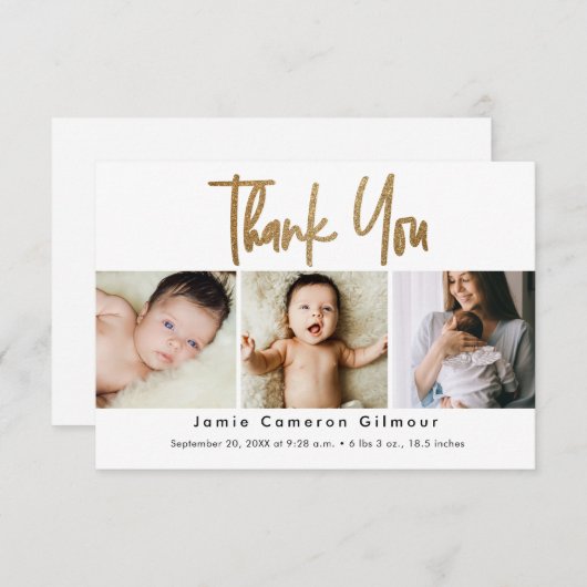 Small Modern Gold Script Custom 3 photo Baby サンキューカード (正面/裏面)