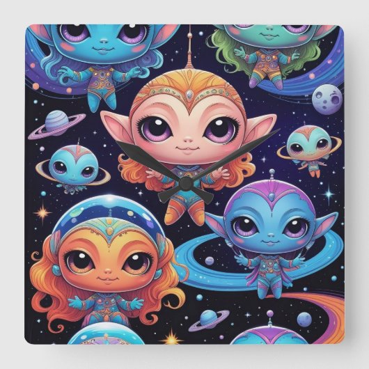 Small Multi-Coloured Aliens in Space スクエア壁時計 (正面)