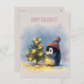 Small penguin decorates tiny Christmas tree, シーズンポストカード (正面/裏面)