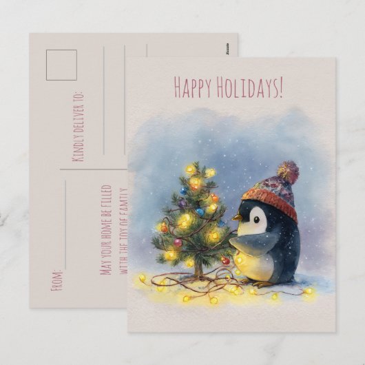 Small penguin decorates tiny Christmas tree, シーズンポストカード (正面/裏面)