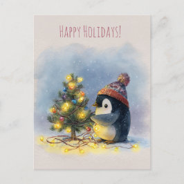 Small penguin decorates tiny Christmas tree, シーズンポストカード