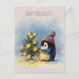 Small penguin decorates tiny Christmas tree, シーズンポストカード