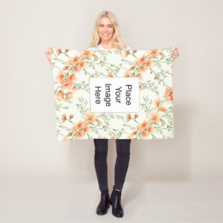 Small Throw Blanket, Peach Flowers, Add Name/Pic フリースブランケット