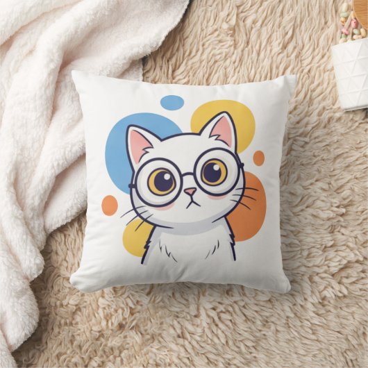 Smart Nerd White Cat Glasses Design クッション (ブランケット)
