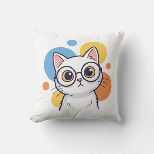 Smart Nerd White Cat Glasses Design クッション (正面)