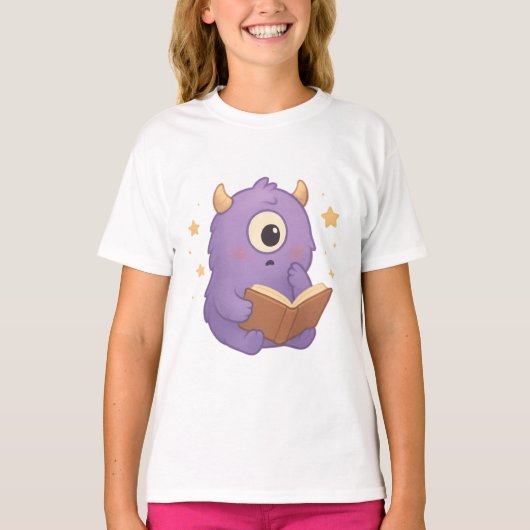 Smart Reading Monster — Purple Book Lover Kids Tee Tシャツ (正面)