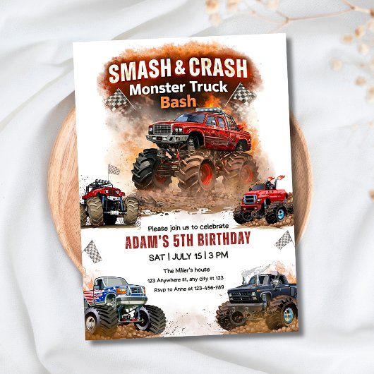 Smash & Crash Monster Truck Bash Birthday Boys Car 招待状