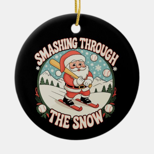 Smashing Through The Snow Baseball Santa Christmas セラミックオーナメント (正面)