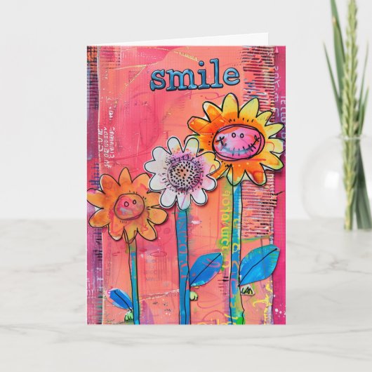 *~**~ SMILE Doodle Art Colorful Whimsical Flower サンキューカード (正面)