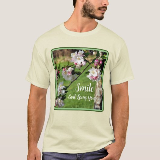 Smile God Loves You 桜の花 インスピレーション Tシャツ (正面)
