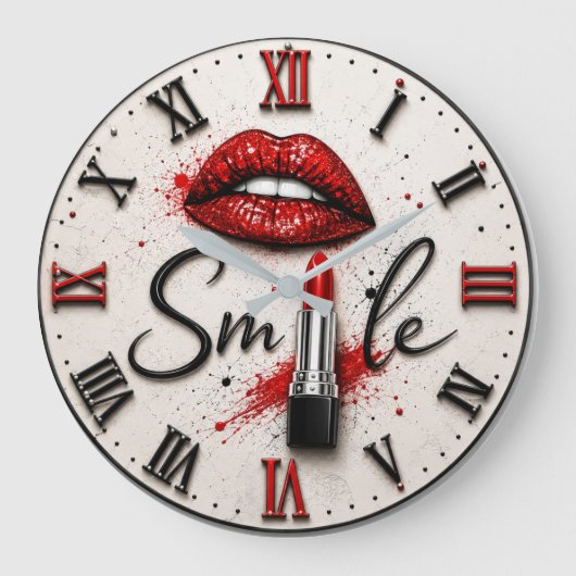 Smile Lipstick Glam Makeup Beauty Art ラージ壁時計 (正面)