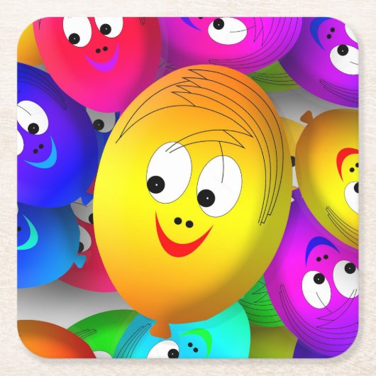 Smiley Faces Balloons Pattern-64171 スクエアペーパーコースター (正面)