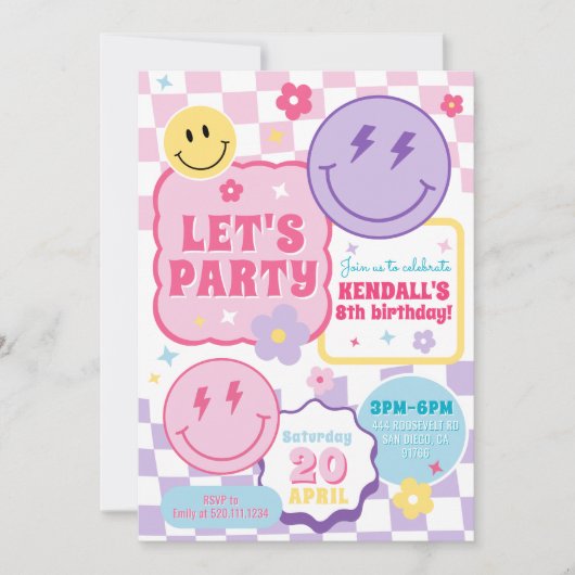 Smiley Preppy Face Colorful Birthday Invitation 招待状 (正面)