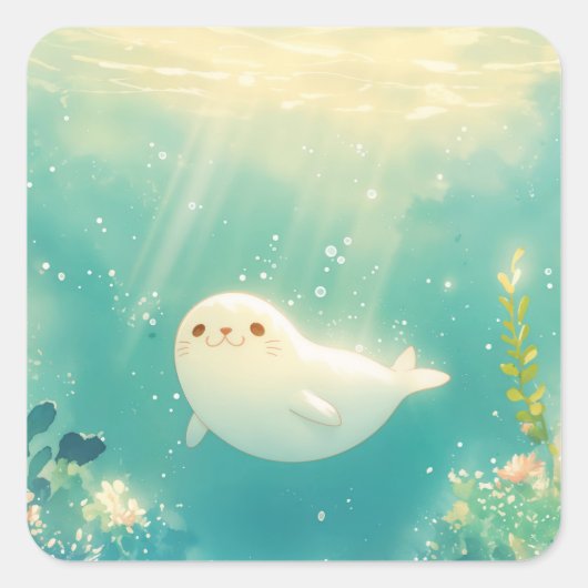 Smiling Baby Seal in Turquoise Underwater Garden スクエアシール (正面)