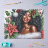 Smiling Black Woman In Santa Hat Christmas 薄葉紙 (クラフト)