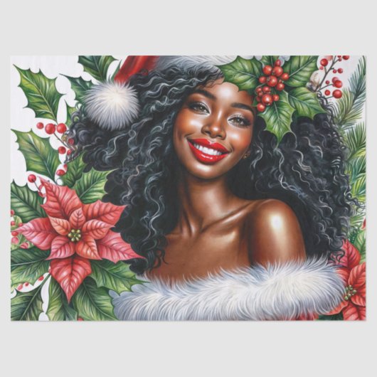 Smiling Black Woman In Santa Hat Christmas 薄葉紙 (正面)