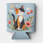 Smiling Calico Cat in Blooming Garden 缶クーラー (正面)